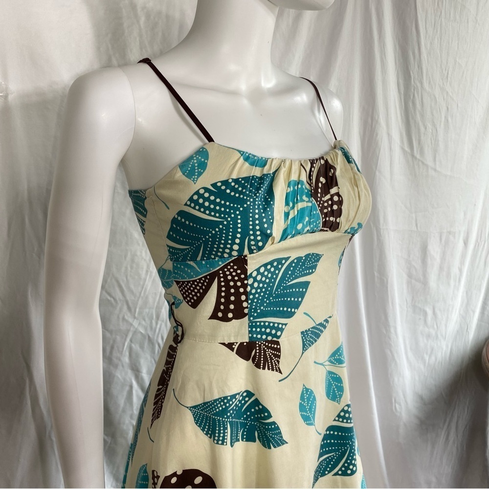 Ruby Rox Retro Y2K Strappy Fit & Flare Teal Brown Leaf Print Dress - Picture 2 of 10